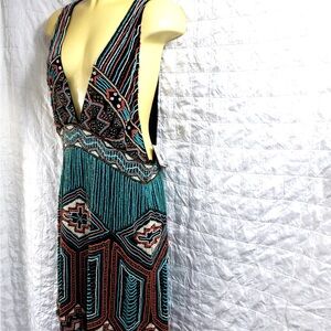 Free People Teal and Black fully beaded Backless Dress